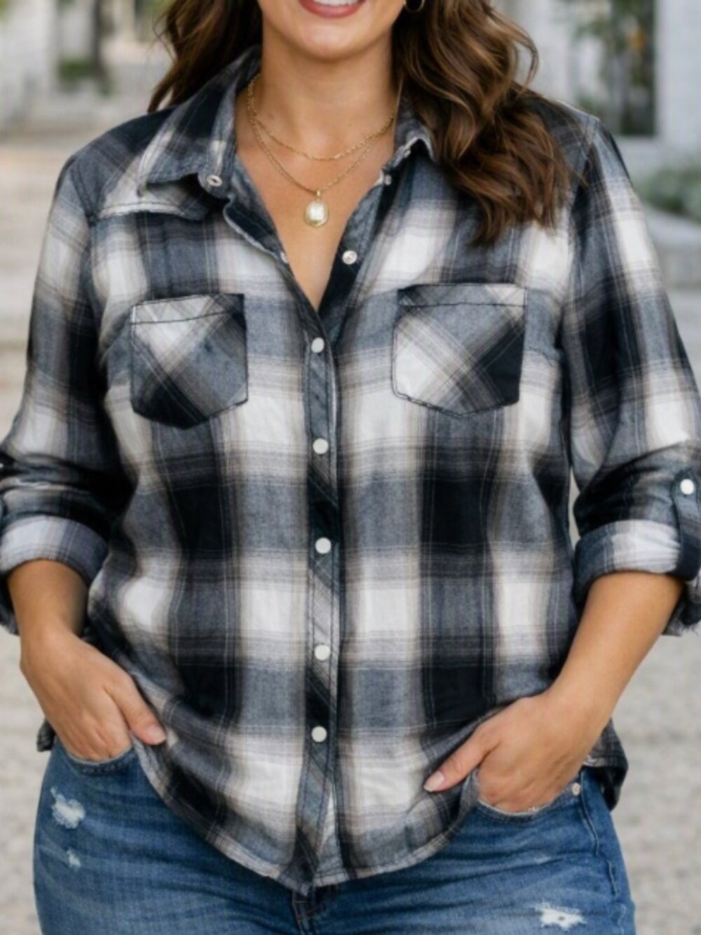 Arizona Black Gray White Plaid Pearl Snap Shirt Top L Western Rustic Rockabilly
